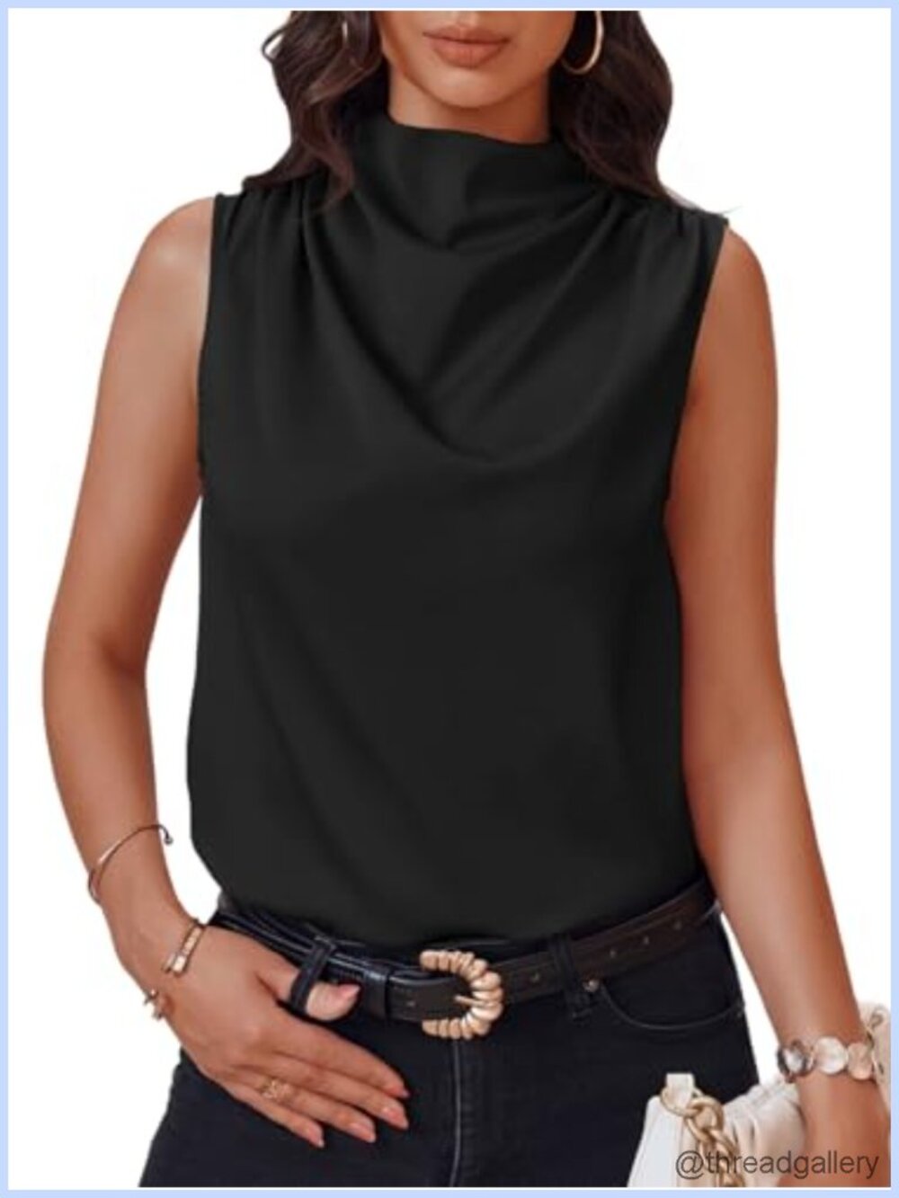 Mock Neck Satin Tank Top Sleeveless Ruched Blouse Business Casual